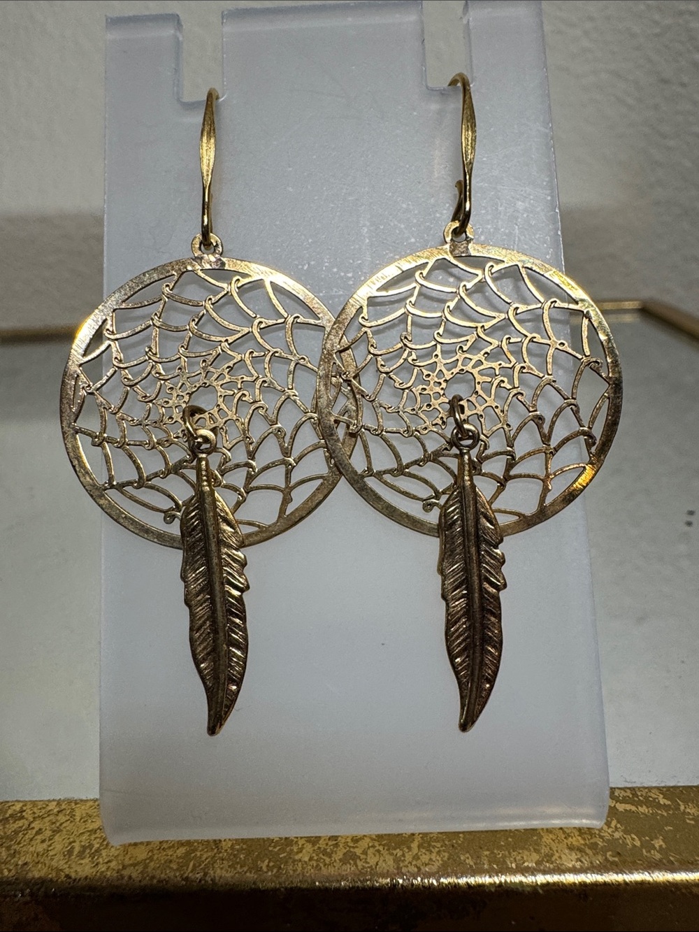 Gold Dreamcatcher Feather Drop Earrings - Women Jewelry